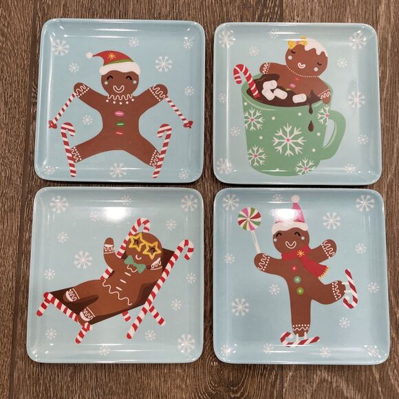 Set 4 GINGERBREAD COOKIE MAN 6” Christmas Assorted Appetizer Plates Melamine - Picture 1 of 7